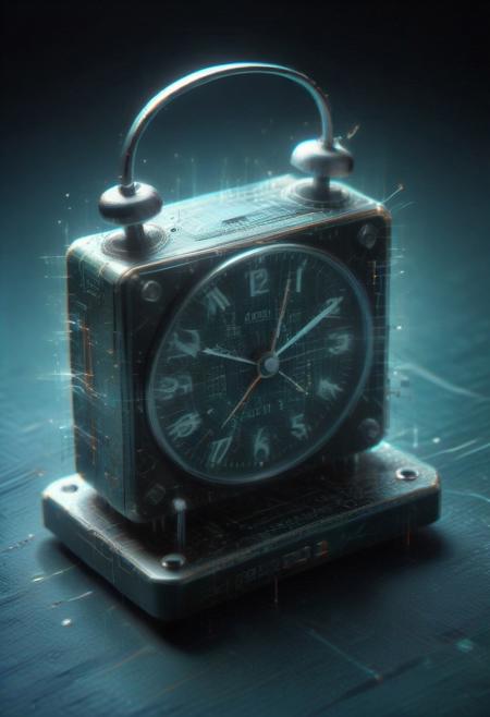 8K analog photo, a classic alarm clock made of glitch lowpoly Circuit Board, each number floating inside a glitch lowpoly, fragile-looking and slightly distorted, soft morning light, 
High Quality, Full Colour, 80mm, blurry background,