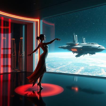 a beautiful elegant female dancer is dancing on a futuristic stage micro-LED lighted, behind the dancer on the stage is an enormous seamless and futuristic wall to wall and floor to ceiling window that looks out at a planet from low orbit, the planet is covered with the lights of enormous buildings and cities, An enormous deco starship with futuristic lighting and an enormous space station are visible in the background among the stars, Artistic art deco, dynamic perspective, (((overall architectural aesthetic is Art Deco Cyberpunk))).  Epic image that elicits a feeling of wonder and awe,
