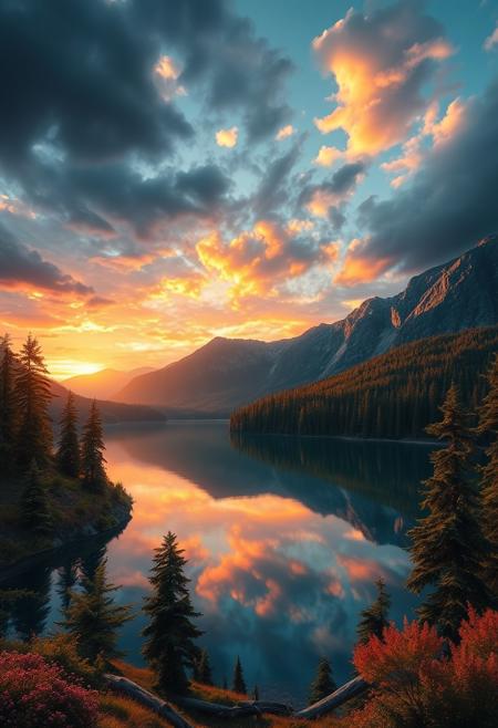 A stunning mountain lake at sunset, surrounded by lush trees and vibrant nature, heavy clouded sky reflecting warm colors, highly detailed, cinematic lighting, ultra photorealistic, masterpiece digital painting by Thomas Kinkade and Bob Ross, 8k resolution, tranquil atmosphere