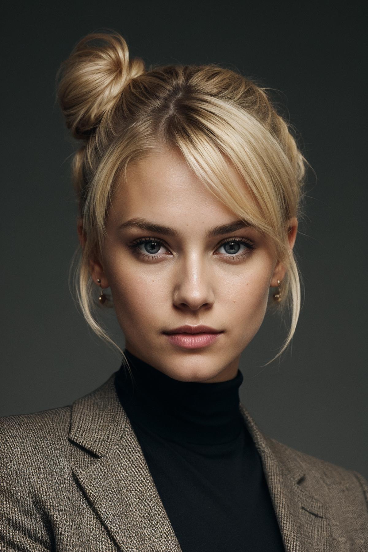 Blonde Woman with a Bun in Her Hair and Earring in Her Ear.
