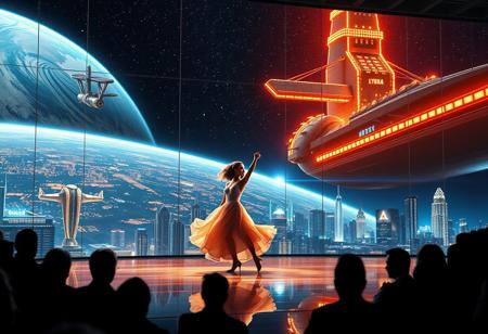 immaculately detailed realistic ultra quality image of a beautiful elegant female dancer and male counterpart are dancing on a futuristic stage micro-LED lighted, the dancer is the focus of the image, every detail of her dress and body are fully visible, the height of the image, behind the dancer on the stage is an enormous seamless and futuristic wall to wall and floor to ceiling window that looks out at a the planet's surface covered with the lights of enormous buildings and cities, An enormous deco starship with futuristic lighting and an enormous space station are visible in the background among the stars, Artistic art deco, dynamic perspective, (((overall architectural aesthetic is Art Deco Cyberpunk))).  Epic image that elicits a feeling of romanticism, wonder, and awe, the silhouette of the audience can be seen in the foreground that show the enormous scale of the stage and seamless window behind it,