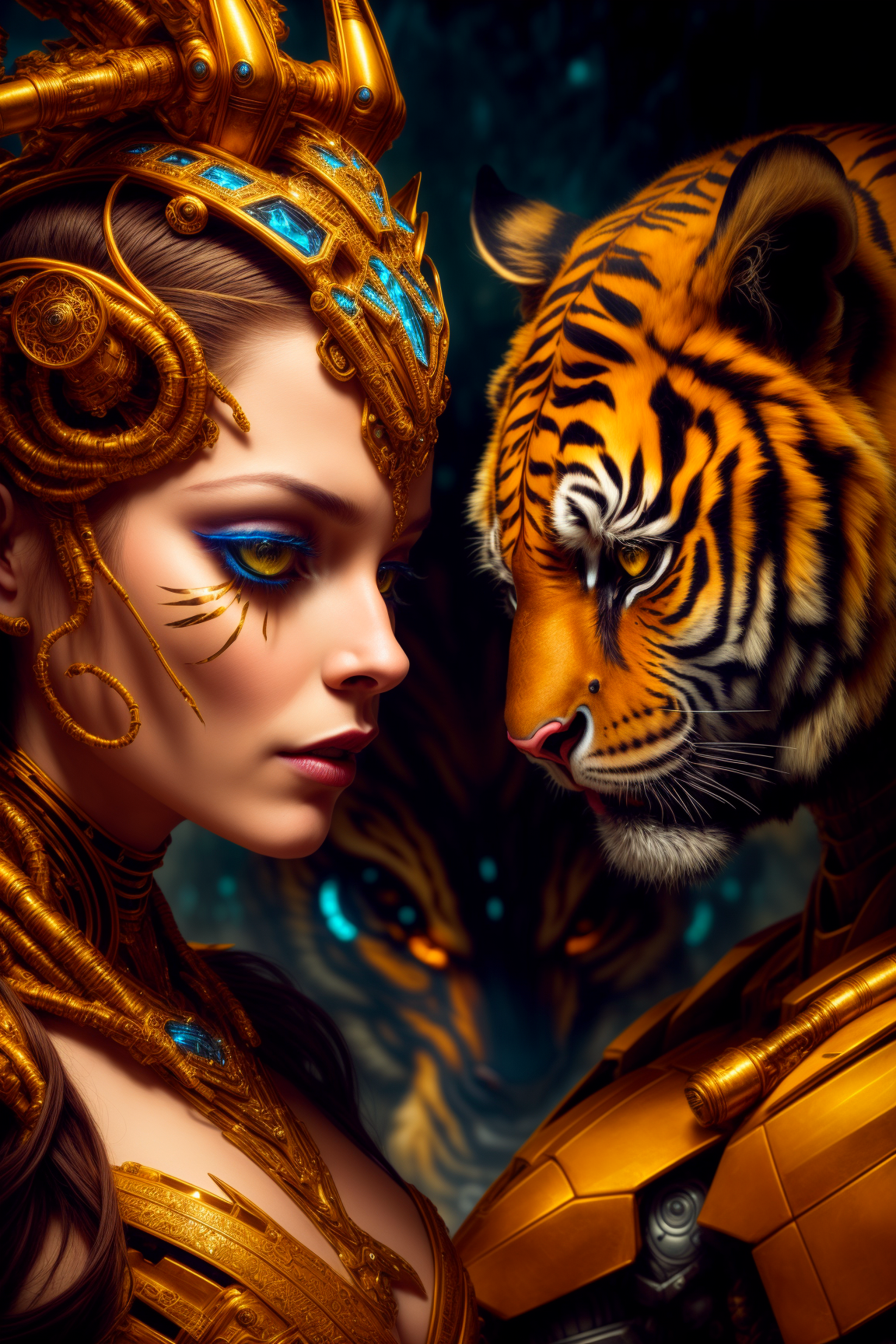 photo, photography, up close portrait of a gilded cybernetic sexy beautiful Queen of the Tigers, extreme details, standing...