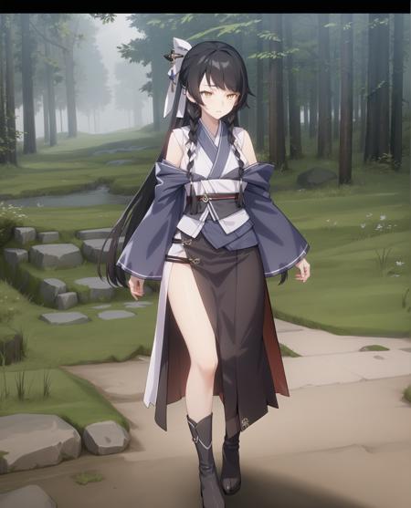 masterpiece, best quality, (high detailed:0.8), 8k uhd, 1girl, slender, Zhaoyu, forest, full body, kimono, hair ornament,  <lora:ZhaoyuV1-08:0.9>, solo