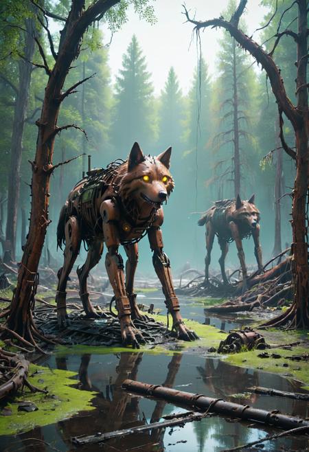 A post-apocalyptic forest overtaken by rusted machinery, glowing toxic rivers, and twisted metallic trees, with wild mutated wolves scavenging in the debris, evi@decrepPunk style, cinematic lighting, 8K detail. <lora:evidecrepPunk:0.8>