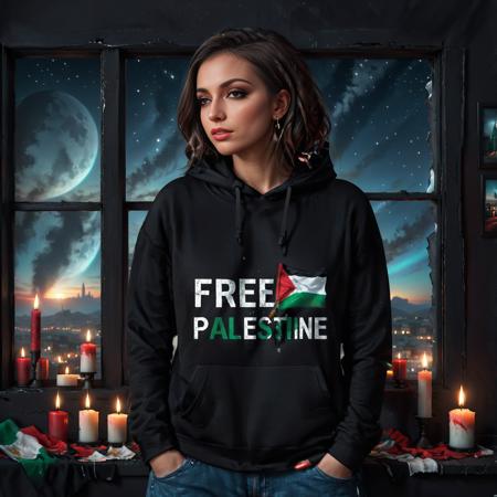 realistic,highres,reality,creative,huge filesize, <lora:PalestineFlagSdxl:1>, a black hoodie with a free palestine flag on it,free palestine palette knife, window, candle light, highly detailed,8k, window, depressed, Horror, space nebulae, octane render, digital painting, artstation, trending on dribbble, GUCCI, PRADA, har