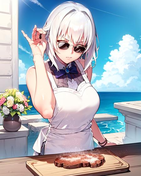 (best quality, masterpiece),  saltbae, (1girl, solo, white hair, sunglasses, closed mouth, ), (clear sky,cloud, table,  bouquet on the Chopping board), <lora:saltbae-17:1>