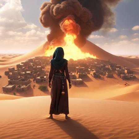 high-quality render in hwst artstyle of an arab woman on a desert sand dune overlooking a burning small desert village with smoke billowing to the sky