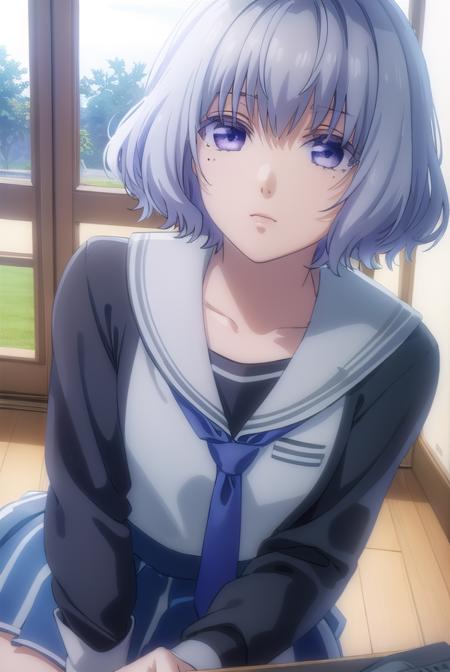 nanamishiranui, <lora:nanami shiranui s1-lora-nochekaiser:1>,
nanami shiranui, short hair, bangs, (purple eyes:1.1), grey hair, mole, mole under eye,
BREAK skirt, long sleeves, school uniform, necktie, serafuku, sailor collar,
BREAK indoors, classroom,
BREAK looking at viewer, (cowboy shot:1.5),
BREAK <lyco:GoodHands-beta2:1>, (masterpiece:1.2), best quality, high resolution, unity 8k wallpaper, (illustration:0.8), (beautiful detailed eyes:1.6), extremely detailed face, perfect lighting, extremely detailed CG, (perfect hands, perfect anatomy),