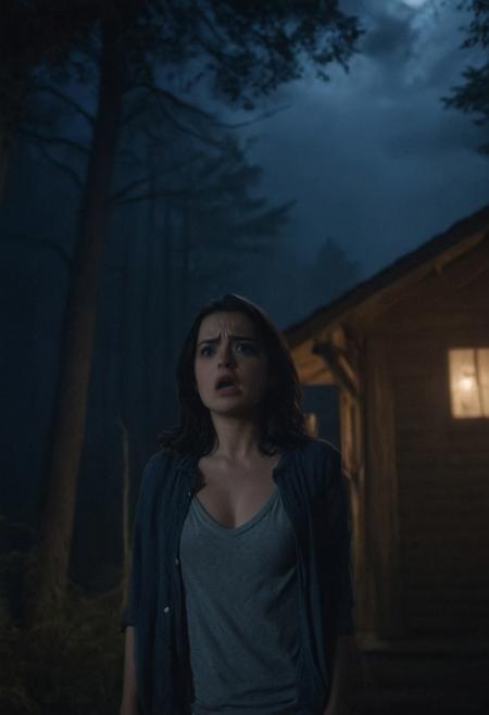 Cinematic frontal wide shot, landscape shot, dark night, full shot close up of dark haired woman standing and looking at someone offscreen, slight frown, scared expression on her face, backside of a large forest cottage with dim light, eerie, legion core, night lighting, muted color tones, dark blue and mahogany color tones, cinestill , fog, clouds, scary scenes,
