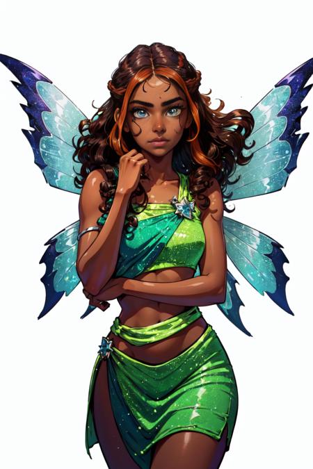 Aisha/Layla brown skin, dark-skinned female, curly hair, long hair, brown hair, red strips in hair, blue-green eyes CasualOutfit pink cropped tank-top, green skirt, white socks, green boots FairyOutfit green outfit, sparkling outfit, fairy wings, green boots, wings