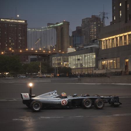 1960s Formula One car in Brooklyn Heights, night photo, beautiful reflections, moonlight rays
