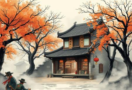 ((ancient china store)) surrounded by ((ancient chinese trees)), mid morning in the beginning of fall, chinese village, wuxia world, illust, fog, ink