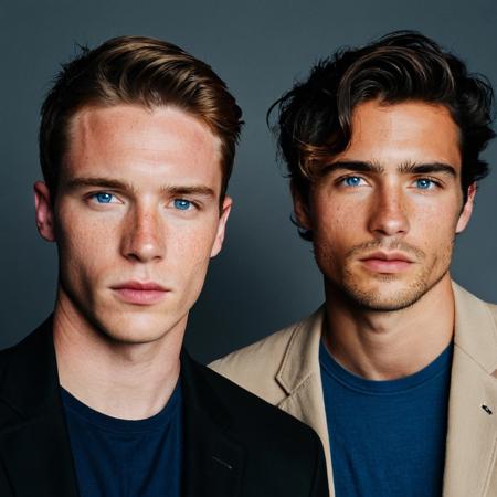 A close-up portrait photograph of two young men positioned side by side against a solid medium gray background with no additional elements. The man on the left has dark black hair styled to one side, falling over his forehead in soft waves, and fair skin with visible moles or freckles. He is wearing a black jacket with a visible collar and buttoned placket. His expression is neutral with slightly parted lips as he looks directly at the camera. The man on the right has short brown hair that appears slightly damp or tousled, transitioning to lighter shades on top. He has striking piercing blue eyes and light peach skin. His expression is also neutral with a slight frown as he gazes intently at the camera. He's dressed in a black blazer over a black shirt. Both subjects have their faces turned slightly towards each other, creating a sense of connection between them. The lighting is soft and even, highlighting their facial features without casting harsh shadows, creating a balanced exposure with natural colors. The composition focuses primarily on their faces, capturing intricate details such as pores and subtle textures like fine lines above their foreheads. The overall mood of the photograph is serious and contemplative, emphasized by the direct eye contact and minimal background distractions.