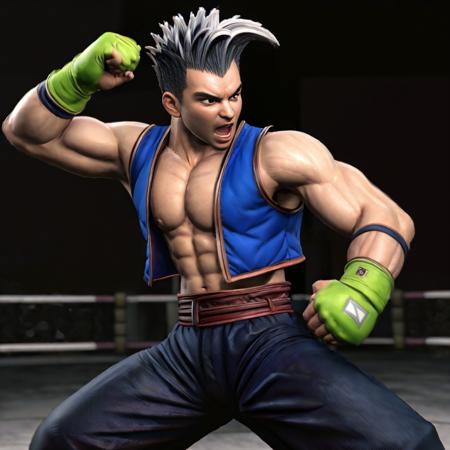 chujiwu, vest, 1boy, pants, belt, gloves, white and black hair, spiked hair,