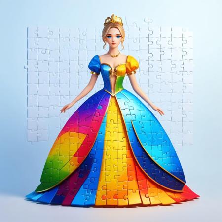 sfw, puzzle_morph_rks art style,  ,masterpiece,(best quality),extremely detailed ,  a beautiful woman in a dress, focalors_(genshin_impact), blue_eye,sclothing_cutout, flat_chest, multicolored_clothes, gold_trim,gradient_dress, vibrant glow<lora:challenge\Puzzle.safetensors:0.75:0.75>
