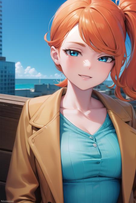 pokemonsonia, <lyco:pokemonsonia-lyco-nochekaiser:1>,
pokemonsonia, aqua eyes, heart, heart hair ornament, long hair, long sleeves, orange hair, side ponytail, swept bangs, <lora:sensualface_type2:1>, smile,
BREAK aqua footwear, aqua nails, aqua shirt, brown coat, brown jacket, coat, collarbone, eyewear on head, jacket, long sleeves, orange-tinted eyewear, pants, ribbed shirt, shirt, sunglasses, tinted eyewear,
BREAK looking at viewer, (upper body:1.2),
BREAK outdoors, city, sky, sun,
BREAK <lyco:GoodHands-beta2:1>, (masterpiece:1.2), best quality, high resolution, unity 8k wallpaper, (illustration:0.8), (beautiful detailed eyes:1.6), extremely detailed face, perfect lighting, extremely detailed CG, (perfect hands, perfect anatomy),