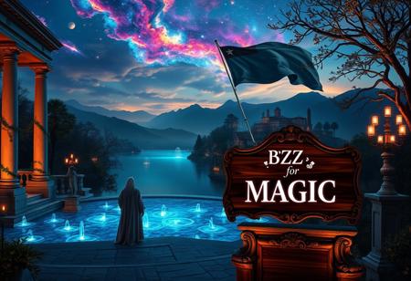 A mystical landscape at twilight, centered around a glowing crystal lake reflecting vibrant nebulae and distant galaxies. Grand marble columns and statues reminiscent of Italian architecture line the shores, adorned with glowing vines. Towering bioluminescent trees with ornate branches softly illuminate the scene, while terraced villas and cascading fountains, inspired by Tuscany, rise in the distance. Iridescent mountains blend with the luminous clouds above, creating a dreamlike horizon.
In the foreground, a figure in flowing robes reminiscent of Renaissance nobility stands on a stone piazza leading to the lake. Around them, floating orbs of light and ancient runes circle as they weave a magical spell. Nearby, an elegant wooden sign made from polished mahogany, with intricate scrollwork and gilded edges, reads ‘BUZZ for MAGIC’ in sleek Futura font, glowing faintly in neon white, perched atop a stone pedestal. In the background, a large flag sways gently in the wind, a seamless blend of the American flag’s stars and stripes with the Star of David from the Israeli flag, representing unity and strength. Golden lanterns sway in the gentle breeze, adding warmth to the serene atmosphere. The entire scene is a fusion of otherworldly beauty, timeless Italian elegance, and symbolic unity, where nature, art, and magic blend in perfect harmony