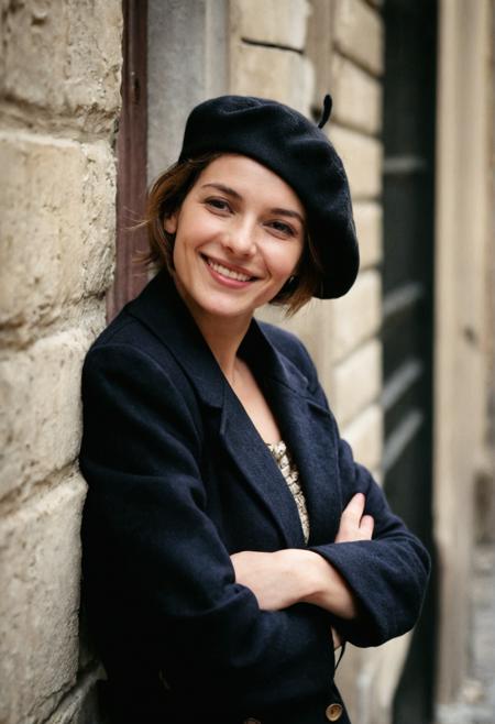 (portrait), (closeup), natural 30 years old  french woman,  leaning at  wall, laughing, arms crossed in fron of chest, old paris alley, beret, coat, mini skirt, (cinematic), bokeh,  (film grain)
