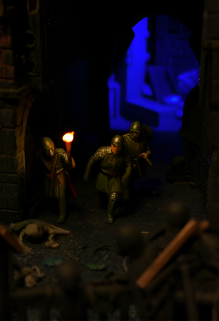 miniature diorama scene, a group of knights moving through a dark dungeon. One of the knights is holding a torch, partially lighting the scene. There are skeletons and rubble scattered around. The lighting is dark, except for the torch, with blue highlights in the background.