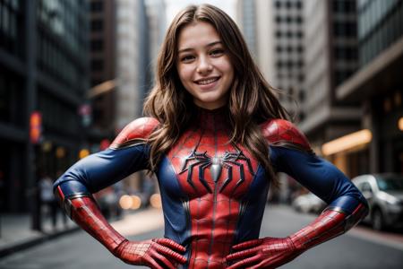 marvel movies,photo of a 18 year old girl,spiderman,happy,laughing,hands on hips,looking at viewer,ray tracing,detail shadow,shot on Fujifilm X-T4,85mm f1.2,sharp focus,depth of field,blurry background,bokeh,lens flare,motion blur,<lora:add_detail:1>,