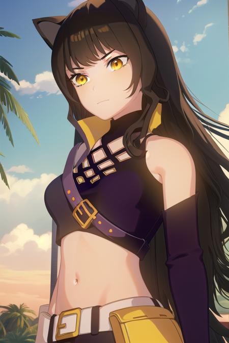 blake, blake belladonna, long hair, black hair, (yellow eyes:1.5), bow, hair bow, black bow, long hair, bangs, blake, blake belladonna, long hair, black hair, (yellow eyes:1.5), long hair, bangs, animal ears, cat ears, navel, midriff, belt, jacket, white jacket, long sleeves, open clothes, halterneck, criss-cross halter, pants, black pants, navel, midriff, belt, halterneck, criss-cross halter, bare shoulders, bare arms, pants, black pants,