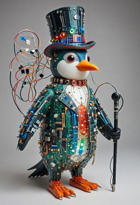 embedding:lazmpos, Transistors, pcb_style, LED, colorful LED lights, RGB lights, red green and blue penguin, art deco, top hat, cane, monocle,RetroBG