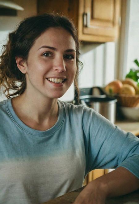 photo-same-realistic, surprise-snapshot, candid photo, first-person-pov, 1woman, kitchen-interior, every-day-woman, homebody, lifelike-details, soft split ambient morning light, soft lifelike shadows, (film grain:1.2),(best detail:1.2),extreme quality, realistic, soft focus, perfect composition, (((relaxed))), (((casual))), over-sexualized:0.8