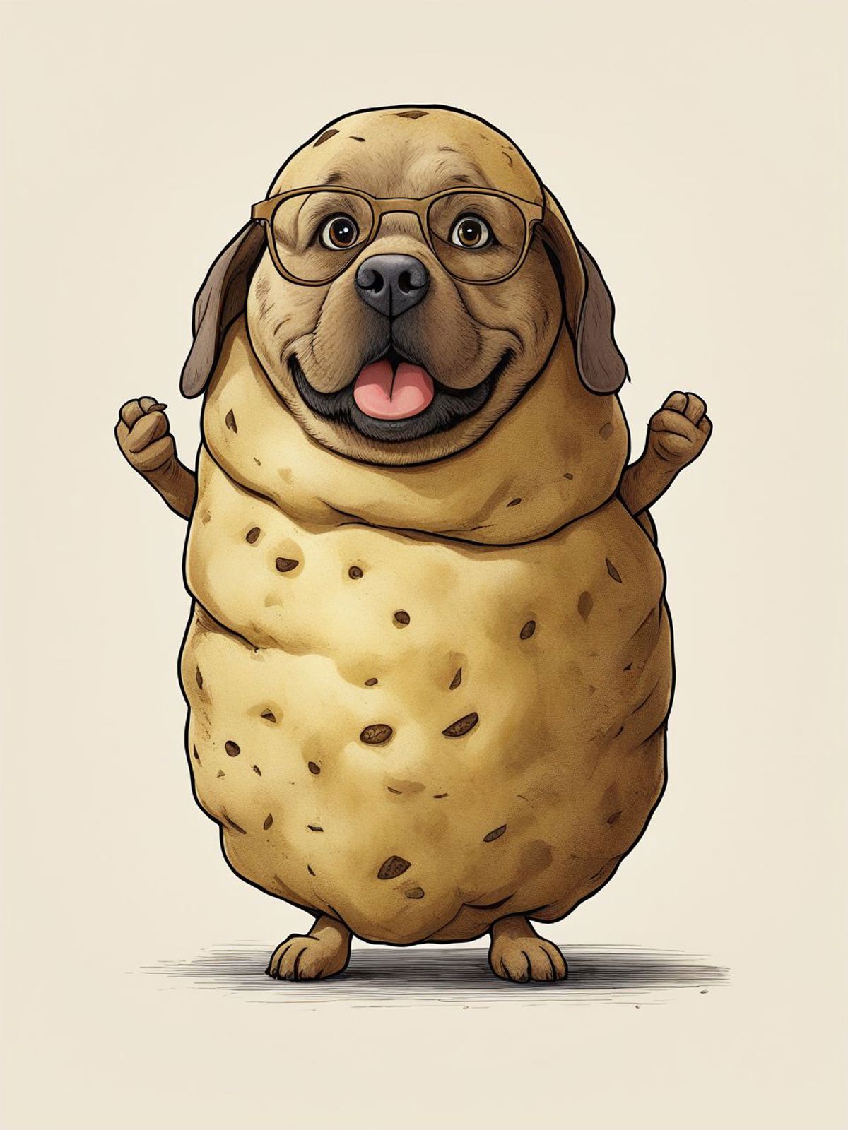 A cartoon dog with glasses and a potato for a body.