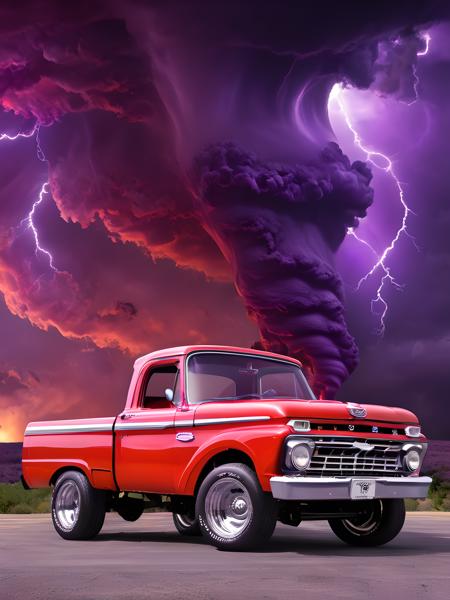 f0rd66pu, truck, red body, (lifted), massive ((purple) (tornado:1.5)) in the background, <lora:f0rd66pu_SDXL_v1_32:1> <lora:xl_more_art-full_v1:1>