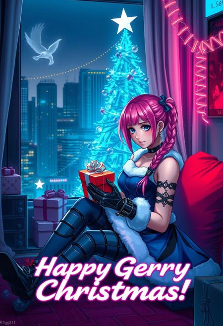 Cyberpunk Christmas greeting card depicting 1girl, AmarisM, cybernetic girl, wearing cybernetic blue and black Santa dress, sitting in front of holographic Christmas tree, opening gift.
Cyberpunk, neon lights, apartment with holographic Christmas tree dystopian city outside window ,AmerisM, musclemio, pink braids, smallpuffies, blue eyes, small breasts
Dramatic lighting, sad expression, smile