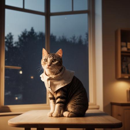cat wearing clothes, on table, indoors, photorealistic, HDR, at night, beautiful scenery at window