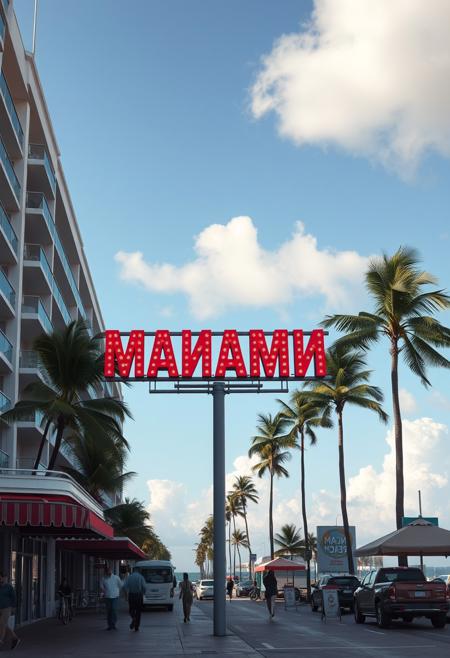 Miami beach with a a big sign "NMANAM" the style of comedy movie poster
