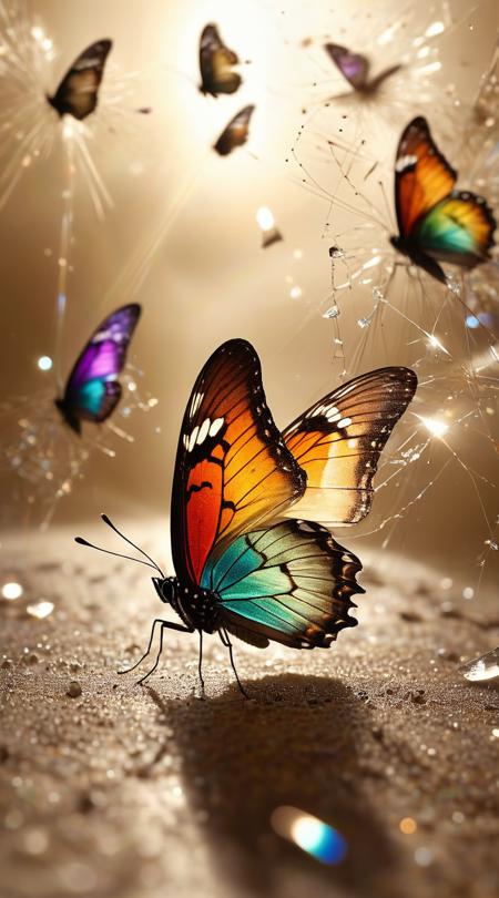 Cosmic-dusted butterflies, hacking into a secure network, Overcast sky diffusion, gale force with powerful gusts, muted sepia shades, macro close-up detail shot, full body action shot, conceptual metaphorical art, feathery light plumes, prism rainbow splitting, leading lines to subject, shattered glass effect.