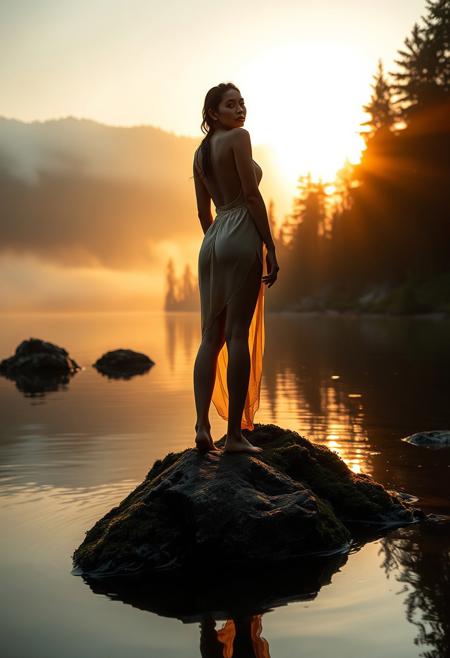 Cinematic fine art photography, beautiful Asian woman with golden-brown skin standing on mossy rock in mountain lake, atmospheric golden hour lighting, silhouette with subtle reflections in still water, wet silk chemise clinging to form, serene expression gazing into sunset, low-angle perspective emphasizing elongated figure, full-body framing, setting: misty alpine lake surrounded by pine forests, mood: tranquil eroticism, lighting: backlit sunset with rim glow, color theme: burnt amber and deep teal, camera: Hasselblad X2D, in the style of Fan Ho's poetic realism