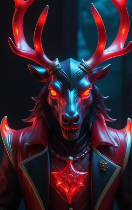 instant christmas, neon red reindeer, high quality fantasy art of a beautiful raging reindeer made of transparent glass, glowing within, delicate figurine, red nose, kawaii, chibi, adorable, flame eyes, ultra Realistic, Extreme Detailed, beautiful Prism light, neon light, Glass made ultra Detailed transparent raging red reindeer, ultra transparent, wearing glass made transparent luxury Armor, Hyper realistic art skull joker demon concept art portrait by Casey Weldon, Olga Kvasha, Miho Hirano, hyper detailed intricately detailed gothic art trending on Artstation triadic colors Unreal Engine 5 detailed matte painting, deep color, fantastical, intricate detail, splash screen, complementary colors, fantasy concept art, 8k resolution, gothic DeviantArt masterpiece, Extremely high-resolution details, photographic, realism pushed to extreme, fine texture, incredibly lifelike