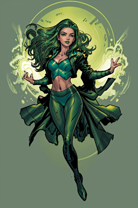 official art, masterpiece, Lorna Dane, Polaris,green lips, 1girl, solo, makeup, lipstick,  long hair,  breasts, cleavage, bodysuit, green leotard, midriff,  full body, nice hands, ultra detailed, subsurface scattering, art by jim lee, specular highlights <lora:Polaris-10:0.8>