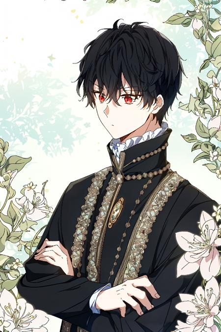 perez brivacheu durelli, expressionless, from above, (looking away:1.2), facing away, solo focus, upper body, black hair, red eyes, light particles, flower, 
crossed arms, 
i shall master this family style,
masterpiece, best quality, 
<lora:i_shall_master_this_family_lycoris-000004:1>