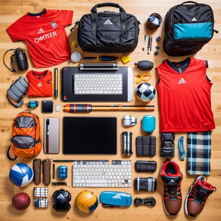 (Realistic:1.5) edobthings jersey, handbag, thermos, soccer ball, boots removed, jacket, red footwear, calendar (object), red shirt, mouse (computer), stylus, desk, scenery, tablet pc, can, smartphone, game console, baseball cap, brown bag, shorts, wristwatch, volleyball, sword, scenery, baseball mitt, ribbon, jewelry, handbag,  <lora:EdobThings_v1.0:1>