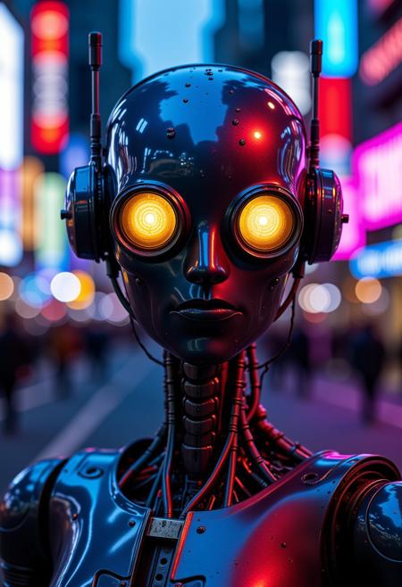 cybotix style, a close up raw photo of a cyberpunk tin man from the wizard of oz, neon lights in the dark city street reflect on the glossy round eyes of the robot