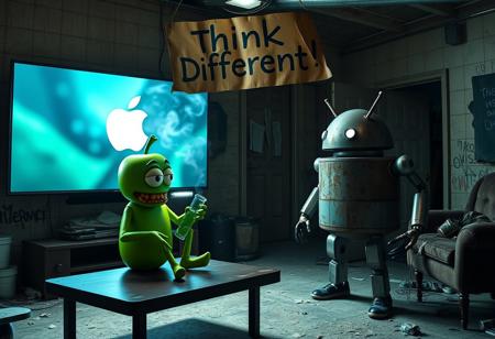 "In a grimy, dilapidated Florida crackhouse, a cartoonish green apple with exaggerated eyes and twisted limbs faces off against the iconic Android logo robot. The apple, seated on a stained coffee table, clutches a meth glass pipe, from which acrid smoke billows, filling the dank air.
The massive OLED TV mounted on the wall casts a harsh, flickering light, illuminating the disturbing scene. The TV plays an unnervingly vivid Apple commercial, its bright visuals creating sharp, unsettling shadows. The room’s walls are covered in grime and graffiti, with peeling wallpaper and broken fixtures. The floor is littered with trash, broken furniture, and empty cans.
The Android robot, with a rusted, dented exterior and malfunctioning eyes, stands in a defensive stance with twitching antennae. Above the TV, a warped cardboard sign with 'Think Different!' hangs crookedly. The sign’s jagged lettering is backlit by flickering LEDs, casting eerie shadows on the peeling walls.
The air is thick with mildew, decay, and the sharp smell of meth smoke. The green apple’s glossy skin and the Android’s grimy, rusted body are harshly illuminated by the flickering light, intensifying the bizarre and unsettling confrontation in this derelict, drug-ridden setting."