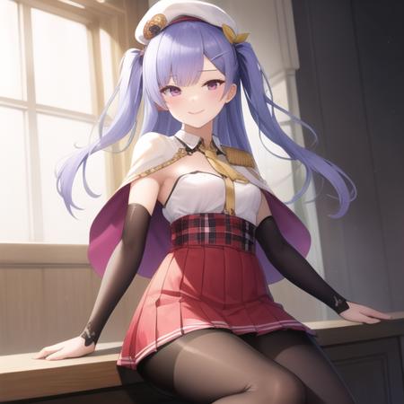 (masterpiece, best quality:1.2),illustration,8k,hd,1girl,solo,upper body,(portrait:1.2),ajax (azur lane),aiguillette,bangs,beret,black legwear,brown footwear,capelet,detached sleeves,hair ornament,hairclip,hat,high-waist skirt,loafers,long hair,long sleeves,pantyhose,pink eyes,purple hair,red skirt,ribbon,skirt,sleeves past wrists,smile,two side up,white hat,yellow ribbon,<lora:Ajax(azur)>,