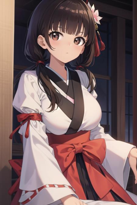 komakijindai, <lora:komakijindai-000010:1>,
komaki jindai, long hair, black hair, twintails, (brown eyes:1.5), low twintails, (large breast:1.2), hair between eyes,
BREAK skirt, long sleeves, cleavage, japanese clothes, wide sleeves, kimono, hakama, hakama skirt, white kimono, miko, red hakama,
BREAK looking at viewer,
BREAK outdoors, shrine,
BREAK <lora:GoodHands-vanilla:1>, (masterpiece:1.2), best quality, high resolution, unity 8k wallpaper, (illustration:0.8), (beautiful detailed eyes:1.6), extremely detailed face, perfect lighting, extremely detailed CG, (perfect hands, perfect anatomy),