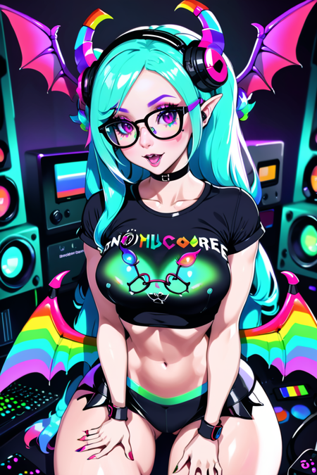 goth nerdcore, round glasses, gaming rig, t-shirt, 1girl, woman, (abrasive Regency:1.3) succubus, wings, full body, lingerie, [:revealing costume design,:0.2], bombshell hair, rainbow hair, antenna hair, muscular hips, muscular legs, wide hips, narrow waist, abs, large breasts, (asian:1.3)<lora:EnvyNerdcoreXL01:1>