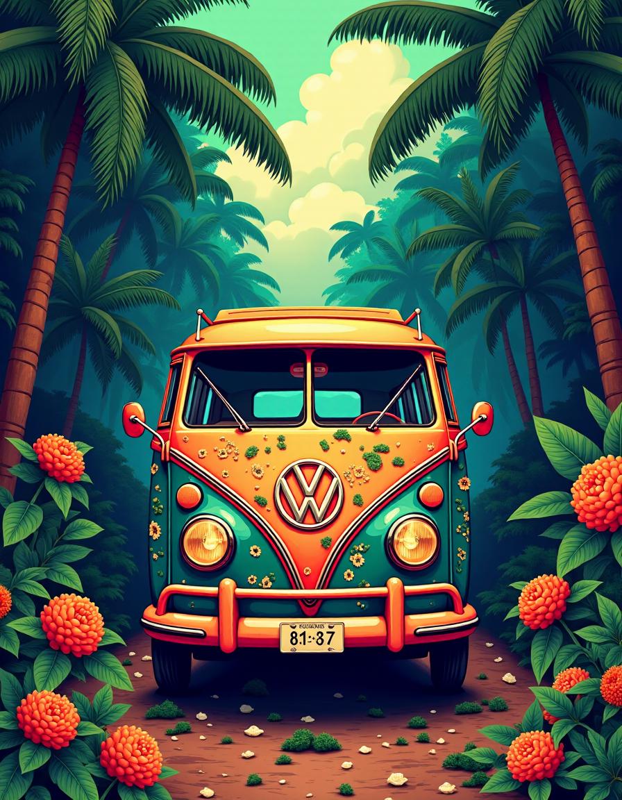 Brazilian Volkswagen, Undesired, Summer, Detailed illustration, atmospheric perspective, Batik, creative, beautiful detailed, lush, surreal, colorful, elegant, complex, creative, fantastic aesthetic, magical atmosphere, highly detailed, perfect symmetry, beautiful composition