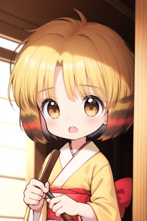 <lora:nyannyan:0.8> nyannyan, 1girl, solo, blonde hair, japanese clothes, Yellow_kimono,  white_obi, open mouth, brown eye...