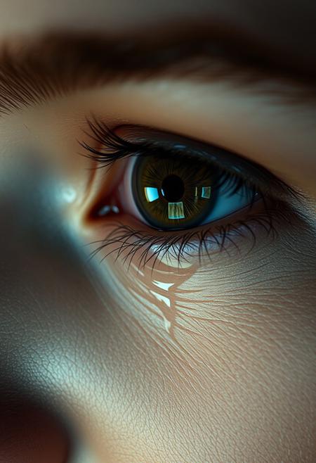 ultra-detailed close-up of a woman's eye, extremely realistic, high resolution, cinematic lighting, glistening tears welling up and rolling down her cheek, soft reflections in the iris, emotional expression, macro photography style, sharp focus on eyelashes and skin texture, dramatic mood, shallow depth of field, skin pores visible, 8k, photorealism