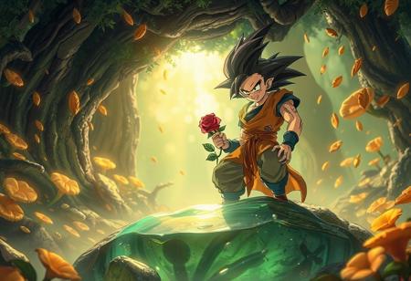"Create a detailed, goldenn ratio-compliant artwork of two characters from Dragon Ball Super and Quake, posed coolly on an amber pitfall. The characters should be illustrated in a lifelike style with micro details, showcasing one of them holding a rose. The background should feature falling foliage and a fungal environment, with a storybook-inspired aesthetic. The lighting should be dramatic and complementary, with a focus on 8K resolution and global illumination. The artwork should tell a story and be featured on AmiAmi, ArtStation, and Behance, appealing to fans of Eamon Everall, Ilya Kuvshinov, Rossdraws, and Tom Bagshaw."