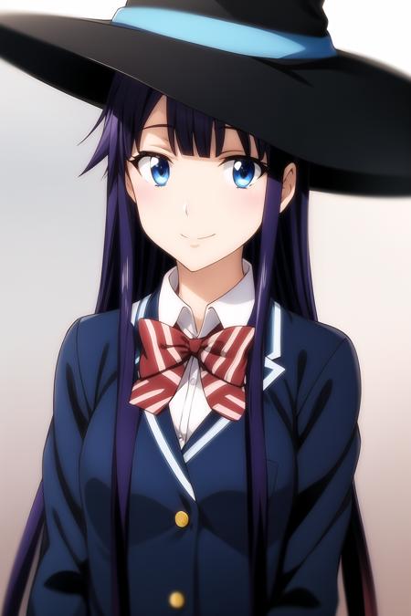 1girl, bangs, indigo hair, black headwear, black jacket, blazer, blue eyes, bow, bowtie, gradient, gradient background, grey background, hat, jacket, long hair, long sleeves, looking at viewer, school uniform, shirt, smile, solo, striped, striped bow, striped bowtie, upper body, white shirt, witch hat, mikoto_asuka,  <lora:add_detail:0.7>