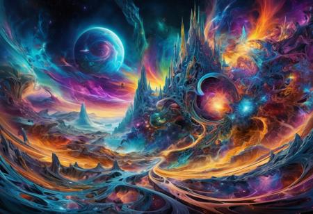 a panoramic view of a Shred psychic singularity dream, abstract, surreal, dreamlike, detailed, cosmic, vibrant colors, digital painting, mystical, futuristic, glowing effects, mind-bending composition, 6k resolution, visual storytelling