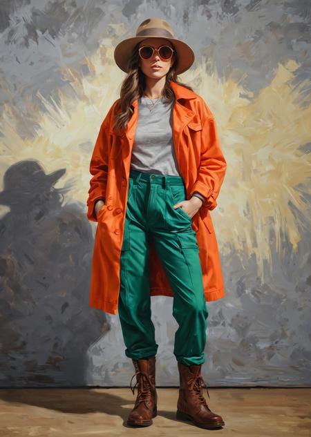 Create a detailed digital illustration in the style of an oil painting, featuring a young woman standing confidently against a warm, textured background with a glowing sun. She wears a wide-brimmed hat with goggles, a loose red jacket over a gray t-shirt, and two-tone cargo pa.nts - one leg orange, the other green - paired with high-top boots with orange laces. Use slightly rough texture and dramatic lighting to highlight the folds of her clothing and the details of her accessories. The colors should be rich and saturated, creating a vivid, dynamic atmosphere. Keep the background minimal and neutral to emphasize the bold and adventurous mood —ar 3:4 —s 1000 —style raw —v 7